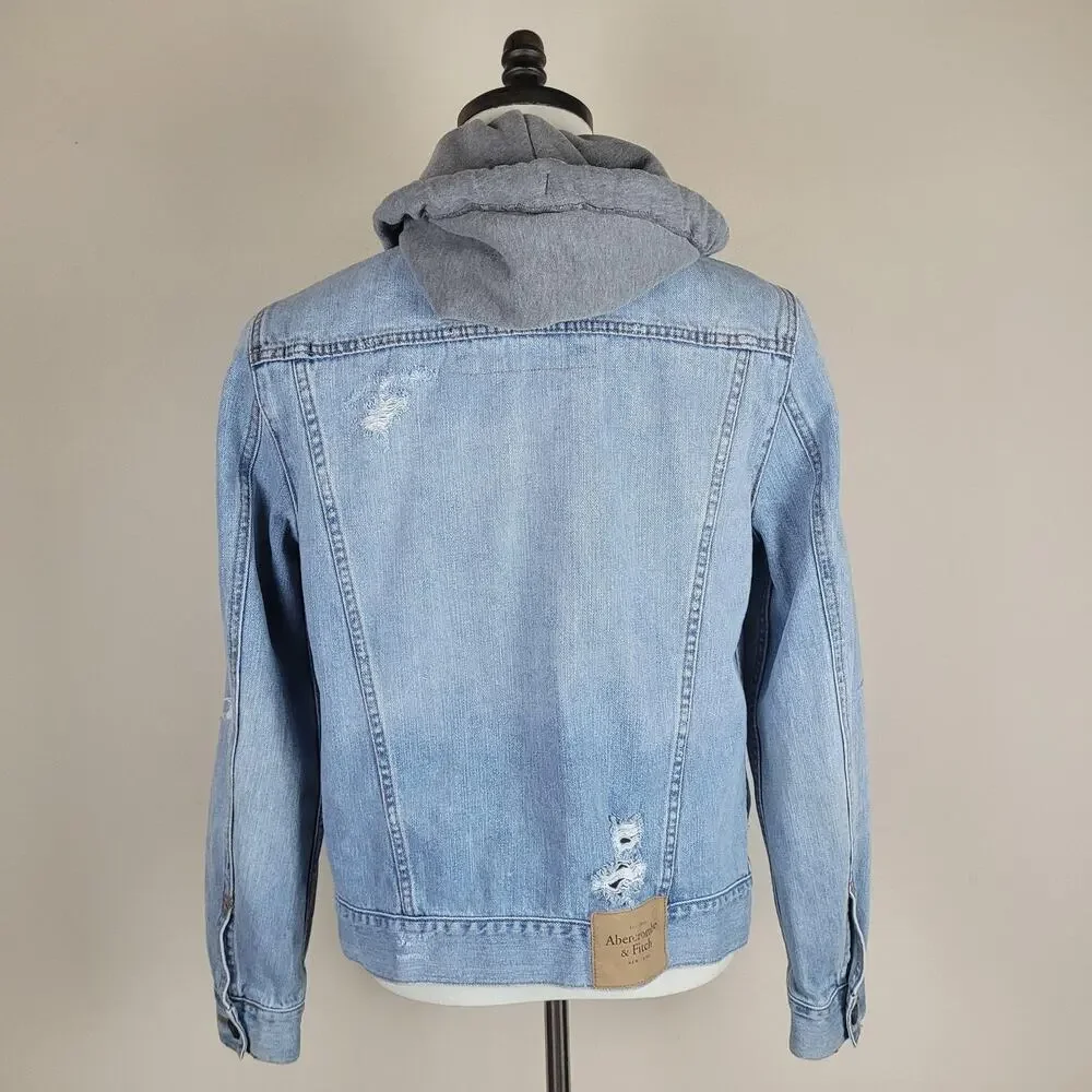 Abercrombie & Fitch Jacket Men Small Blue Denim Hooded Distressed Trucker Casual